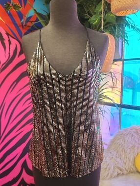 Papermoon Metallic Black Striped Sequin Cami Top